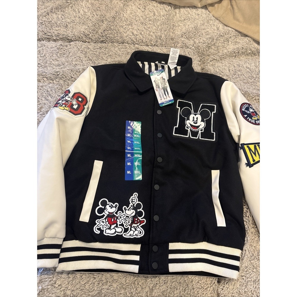 Disney Varsity Jacket Mens L Womens XL Black White Mickey & Friends New‎ Patch